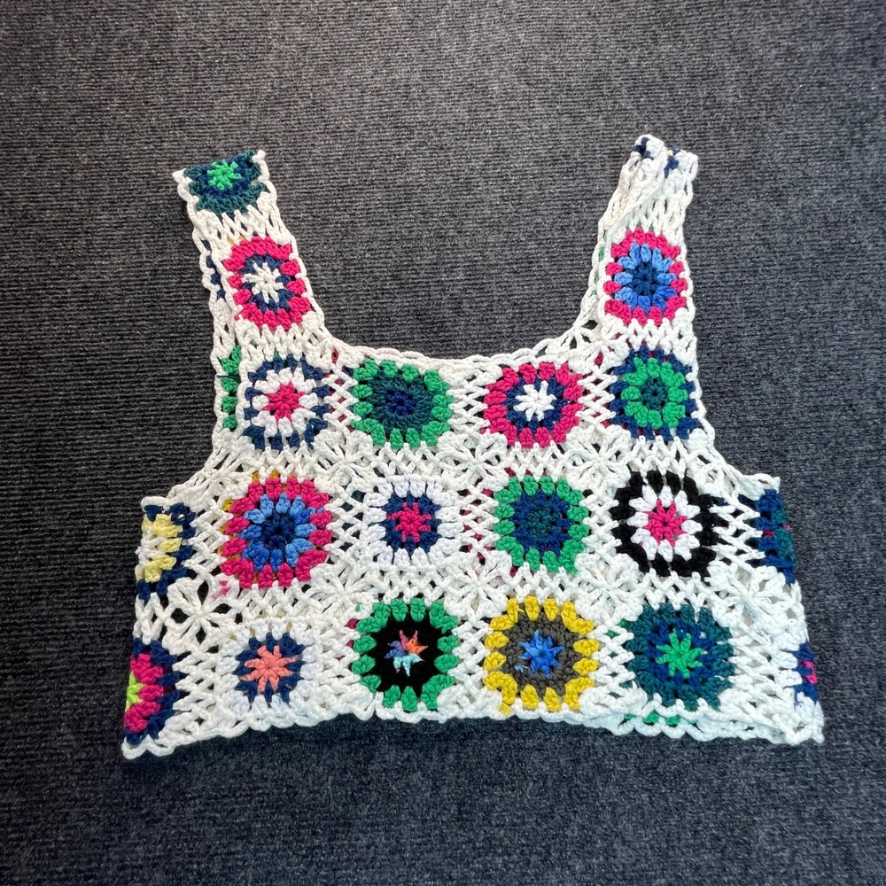 Granny Square Crochet Stretch Crop Top L Boho Festival 70s Hippie Cottagecore